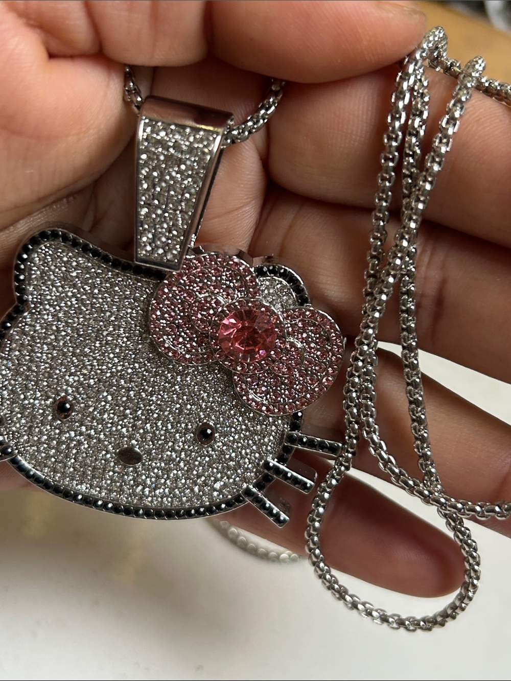 Hello Kitty Style Silver Pendant Necklace with Pink Crystal Bow